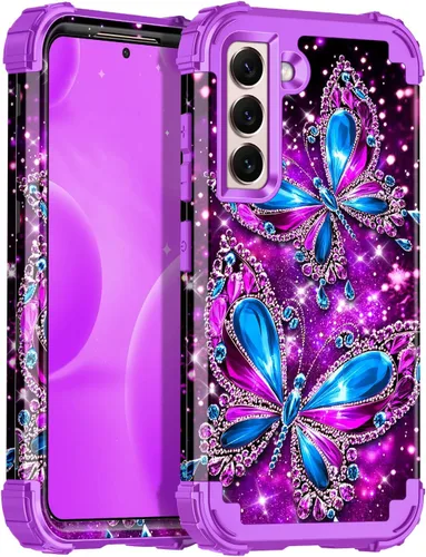 Vista 41 de Miqala Funda para Galaxy S21 FE 5G, brilla en la oscuridad, tres capas, resistente, protección a prueba de golpes, parachoques de plástico Azul