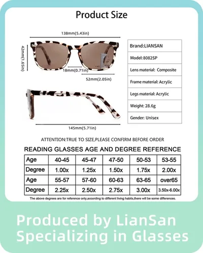 Vista 4 de LianSan Gafas de sol progresivas multifocales de lectura, para mujeres y hombres, con bisagra de resorte, marco acrílico, UV400, lectores de sol