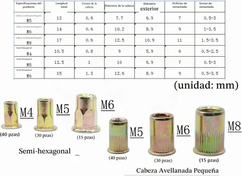 Vista 5 de LBY Kit surtido de 170 tuercas remachables de acero al carbono, M4/M5/M6/M8 (cabeza avellanada pequeña y mitad hexagonal), acero al carbono chapado