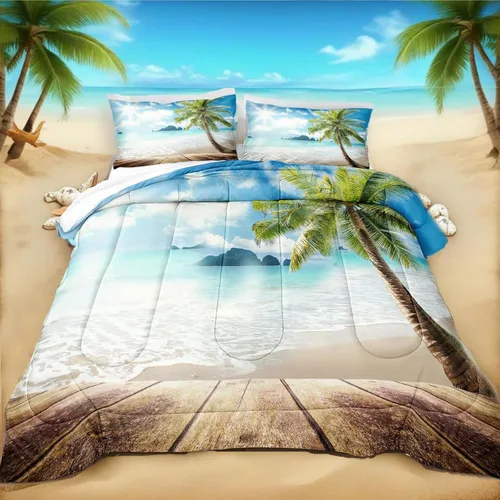 Vista 12 de Bedbay Juego de edredón con temática de playa, juego de edredón costero tamaño Queen, vida marina, turquesa, estrellas de mar, juego de edredón