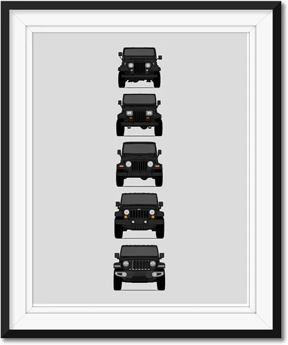 Vista 18 de Custom Car Posters Póster hecho a mano compatible con Jeep Wrangler Generations e impresión de CJ, YJ, TJ, JK, JL, estadounidense, 8 x 10 pulgadas