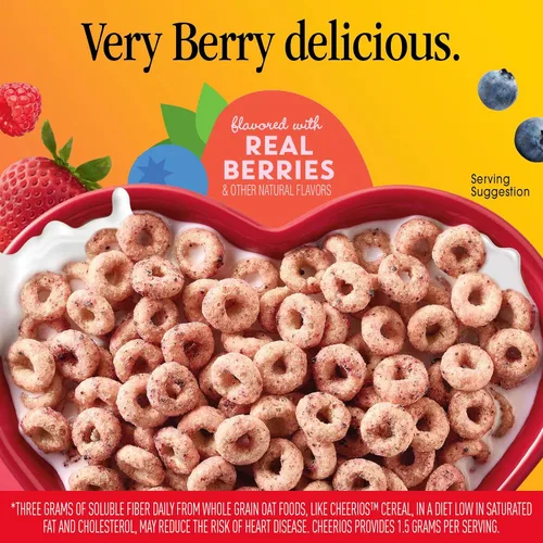 Vista 3 de Cheerios Very Berry, cereales para el desayuno saludables para el corazón sin gluten, hechos con avena integral, tamaño familiar, 18.6 onzas Heart
