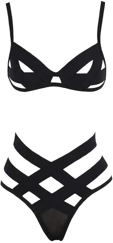 Vista 8 de Lencería sexy para mujer para sexo, con encaje travieso, pestañas con tiras huecas, brasier y bragas, 2 piezas, vendaje, ropa de dormir, conjuntos