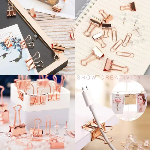 Vista 2 de KIDMEN Kit de oro rosa, juego de clips para carpeta, clips de papel, pasadores, total de 226 piezas