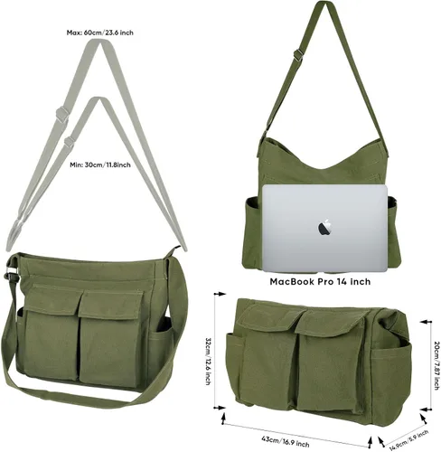 Vista 7 de Bolsa tipo mensajero de lona, con múltiples bolsillos, estética, para la escuela, viajes, bolso bandolera grande para mujeres y hombres