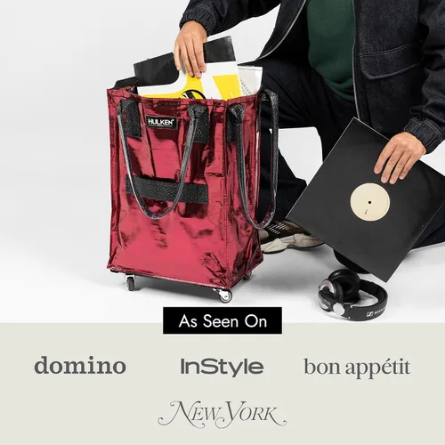 Vista 6 de HULKEN (Pequeño, Rojo Cósmico) Bolsa de comestibles reutilizable sobre ruedas, carrito de compras, bolsa con ruedas, cierre de cremallera, ligera