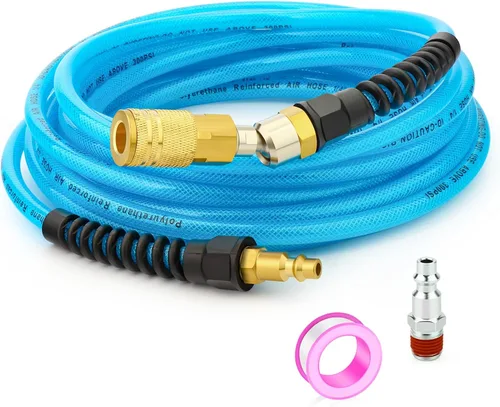 Vista 14 de GASHER Manguera de aire híbrida gris de 3/8" x 50FT, usada para conectar el compresor de aire, conector rápido industrial de 1/4" y enchufe