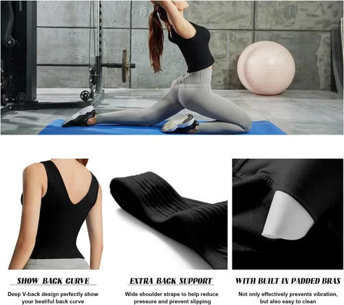 Vista 5 de Camiseta sin mangas para mujer, brasier integrado, cuello redondo, para entrenamiento, acanalado, deportivo, acolchado, sin costuras, ombligueras