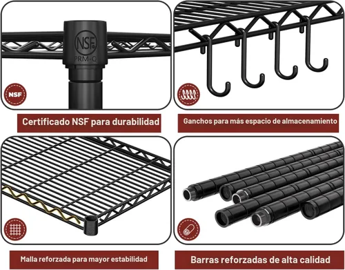 Vista 5 de PrimeZone Estantería de alambre con ruedas, estantes de almacenamiento de metal resistente de 5 niveles ajustables con certificación NSF