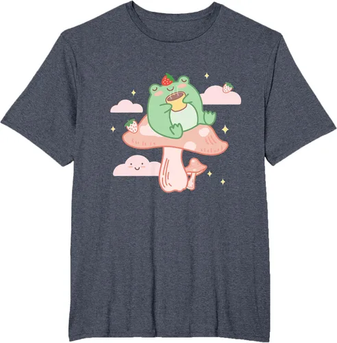 Vista 65 de Kawaii Strawberry Frog On Mushroom - Camiseta de manga corta de anime, Azul / Patchwork, S Azul Pastel