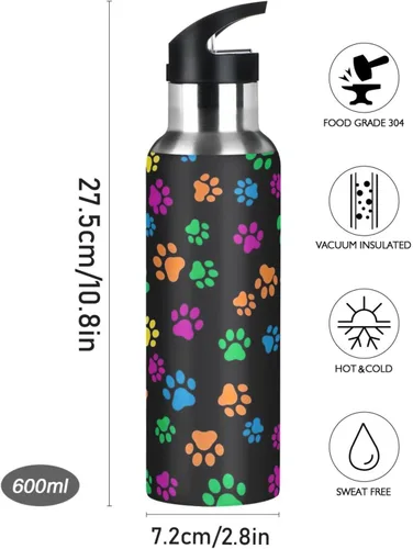 Vista 9 de Colorful Dog Paw Prints Stainless Steel Water Bottle 32 Oz, BPA-Free Sports Water Bottle with Straw Leakproof Water Bottles