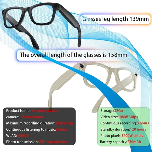 Vista 9 de Lentes inteligentes AI con cámara, grabación de video 1080P, traducción en tiempo real AI, audio Bluetooth de oído abierto, asistente de voz