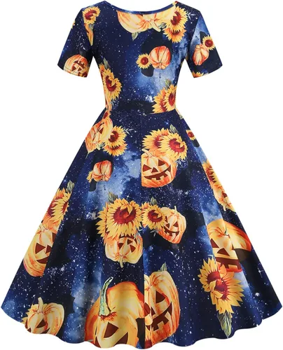 Vista 4 de Vestido de Halloween para mujer, estampado de moda, manga corta, cuello redondo, casual, dobladillo
