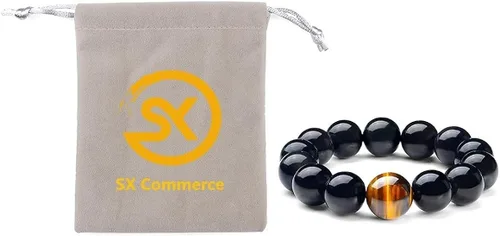 Vista 8 de SX Commerce Pulsera de obsidiana natural negra de piedra natural de 0.394in o 0.472in con un ojo de tigre único, buen regalo para hombres y mujeres