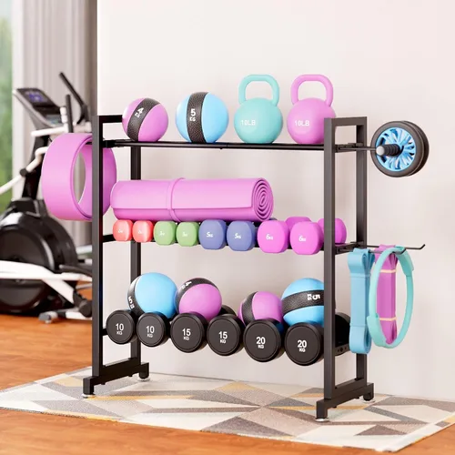 Vista 2 de Soporte ajustable de 3 niveles para mancuernas – Soporte de almacenamiento de peso de metal resistente para mancuernas, pesas rusas y más