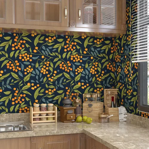 Vista 2 de BOKEBEVE Papel Tapiz Azul Naranja Verde Despegar y Pegar Hojas Bohemias Florales Papel de Contacto Removible Impermeable para Pegar en Paredes