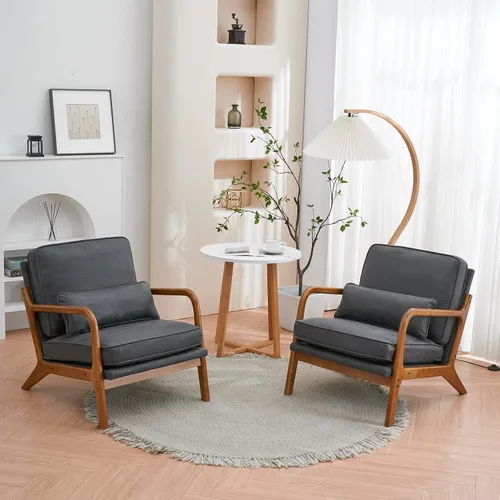 Vista 23 de Bonnlo - Silla de acento moderna de mediados de siglo con tela de lino beige, sillones de descanso con acolchado de madera maciza para sala