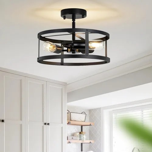 Vista 12 de Lámpara colgante estilo granja, luces colgantes negras para isla de cocina, luz colgante de metal industrial y madera vintage, lámpara de techo
