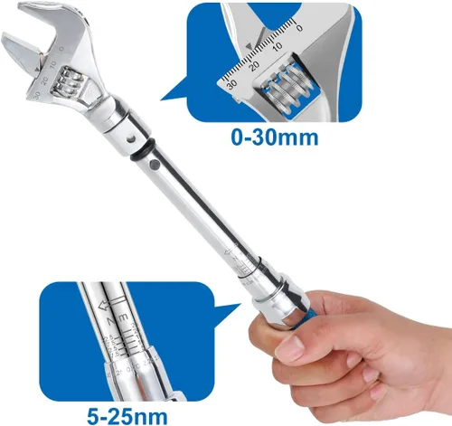 Vista 5 de HOTBEST Llave dinamométrica ajustable, 5-25 NM, mandíbula ajustable de 1.181 in, llave dinamométrica de extremo abierto, llave de cabeza
