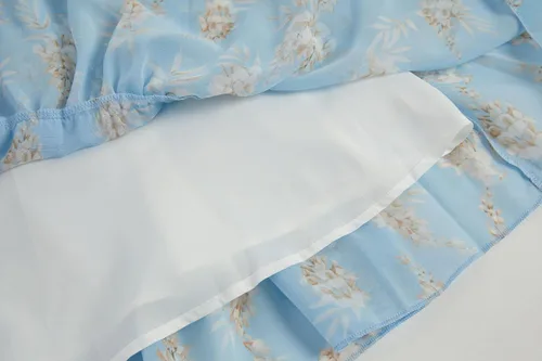 Vista 5 de Loccysu Vestido floral para mujer, vestido de verano casual, tirantes delgados, sin mangas, para invitados de boda, con volantes, color azul, Azul