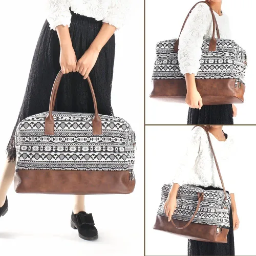 Vista 5 de MyMealivos Bolsa de lona para el fin de semana o viaje durante la noche bolsa de tela de lana gruesa con bolsa para zapatos Negro 43237-2