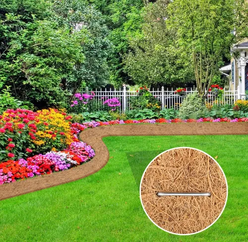 Vista 5 de Rollo de mantillo natural para paisajismo, tapete de fibra de coco gruesa orgánica de 120 x 6.3 pulgadas con estacas de acero en forma de 20U, rollo