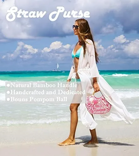 Vista 6 de Bolsa de paja para mujer Bolsa de playa tejida para bolso de verano Bolso de mano con mango de bambú, Rosado