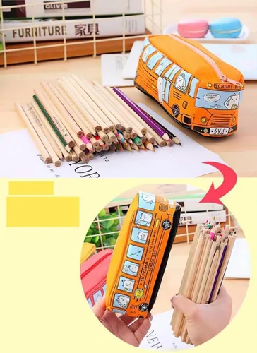 Vista 4 de JHTPSLR Estuche para lápices de alta calidad, con diseño de caricaturas, autobús urbano, estuche grande de lona con cremallera, organizador