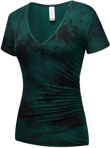 Vista 3 de Beauhuty Blusa de manga corta con cuello en V profundo para mujer, fruncida, sexy, ajustada