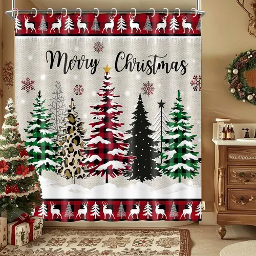 Vista 9 de Wathon Cortina de Ducha de Oso Negro de Invierno Escena Nevada Cortina de Baño con Osos Abrazándose Rodeados de Nieve y Bayas Rojas, Decoración