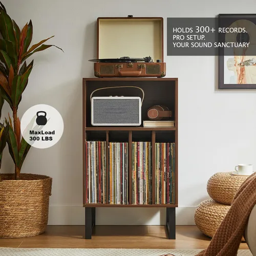 Vista 4 de Soporte para tocadiscos con armario de almacenamiento de vinilo, mesa giratoria para álbumes y LPs, consola multimedia moderna Muebles para sala