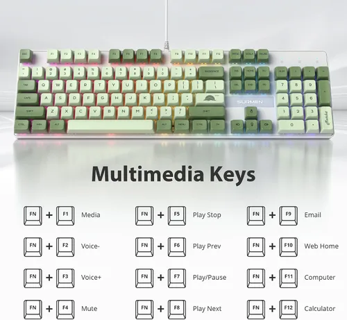 Vista 6 de Fogruaden Teclado mecánico, matcha verde, teclado USB con cable de 104 teclas RGB retroiluminado para juegos con teclado numérico, interruptores