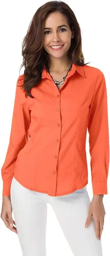 Vista 8 de Atnlewhi - Camisa de trabajo clásica con botones, manga larga, elástica, formal y casual para mujer