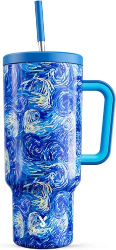 Vista 22 de Meoky - Vaso de 30 oz con asa, tapa y pajilla, taza de viaje térmica de acero inoxidable 100% a prueba de fugas, para portavasos, mantiene el frío