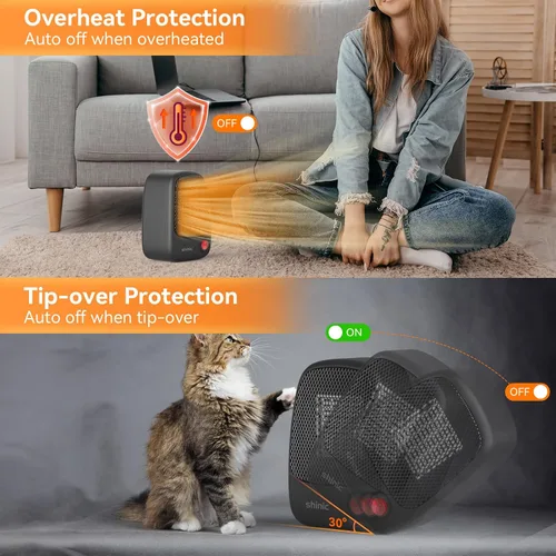 Vista 5 de shinic Calentador de espacio pequeño con protección contra sobrecalentamiento, mini calentador de cerámica PTC de 500 W, calentamiento rápido