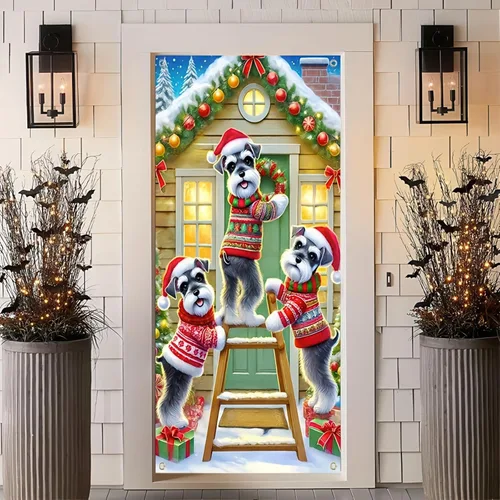 Vista 5 de Cartel de porche con decoración de cachorro de Navidad, trío festivo, Schnauzers en suéteres navideños, perfecto para interiores y exteriores