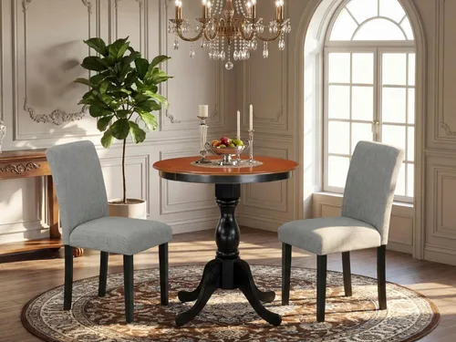 Vista 2 de East West Furniture ESAB3-BCH-06 - Juego de mesa de cocina de 3 piezas contiene una mesa de comedor redonda con pedestal y 2 sillas de comedor