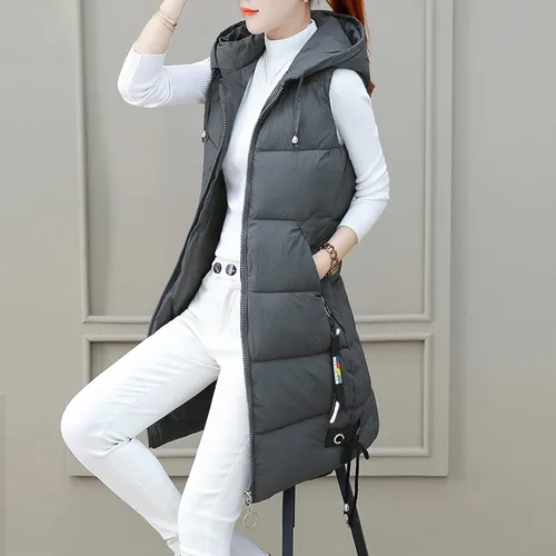 Vista 3 de COKUERA Chalecos largos y cálidos de invierno para mujer, color sólido, acolchado, ligeros, sin mangas, con capucha