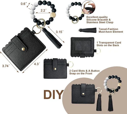Vista 3 de Llavero de cuentas de silicona para mujer, pulsera con tarjetero y borla de cuero