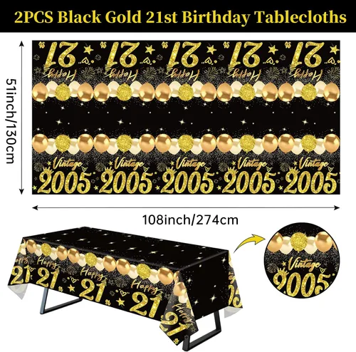 Vista 32 de Uiorgui 2 piezas mantel de cumpleaños número 18, mantel de cumpleaños número 18 negro dorado para niños y niñas, mantel de plástico rectangular