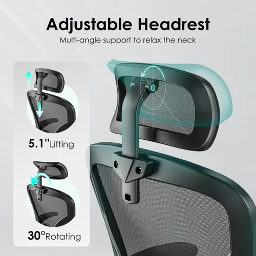 Vista 6 de Silla de oficina ergonómica con reposacabezas ajustable y soporte lumbar, silla de escritorio de malla con respaldo alto para computadora con Negro