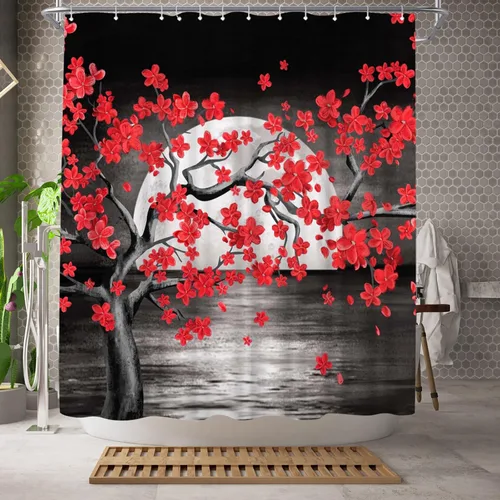 Vista 2 de WELMECO Cortina de ducha negra y roja con luna llena de árbol rojo, cortina de ducha para decoración de baño, tela de poliéster, 72 x 72 pulgadas