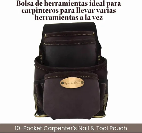 Vista 2 de Style n Craft Bolsa de herramientas y uñas de carpintero de 10 bolsillos, bolsa de herramientas de cuero resistente, perfecta y duradera, bolsa