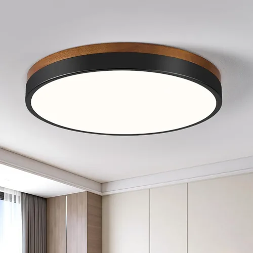 Vista 13 de Moderna lámpara de techo de madera regulable, lámpara de techo redonda negra LED empotrada, lámpara de techo minimalista para cocina, dormitorio