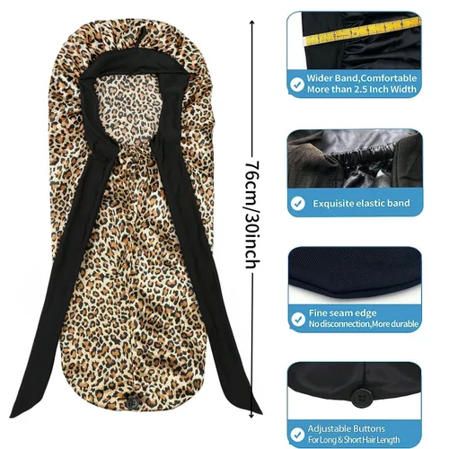 Vista 5 de Isshin Beauty Gorro de satén de seda para el cabello: gorro largo con banda elástica y correas ajustables, tamaño jumbo (leopardo)