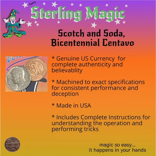 Vista 2 de Ted's Sterling Magic Bicicleta de corte de fábrica Svengali Deck y Bicentenario US Scotch y Soda Centavo Coin Card Trick Set (rojo)