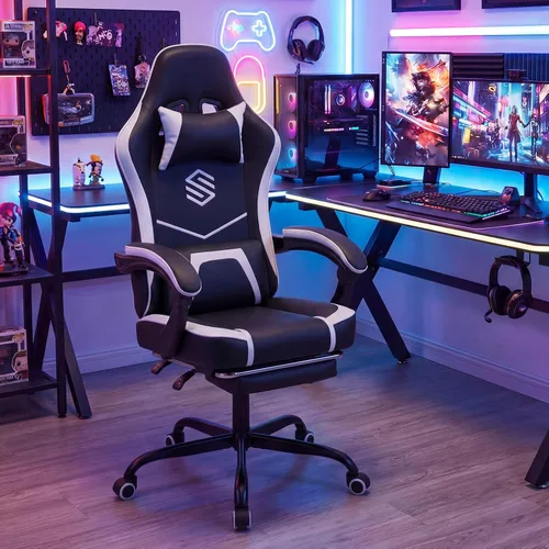 Vista 2 de GIANTEX Gaming Chair, Height Adjustable Computer Desk Chair with Headrest, Lumbar Support, Linkage Armrests, Reclining Backrest & Footrest Negro