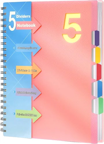 Vista 13 de CAGIE Cuaderno de 5 materias 8.5 x 11, cuadernos en espiral A4 con rayas universitarias, cuaderno en espiral con divisores y pestañas, 220 páginas
