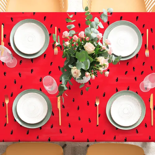 Vista 3 de Mantel de tela reutilizable con estampado de sandía, diseño de frutas, 60 x 104 pulgadas, mantel rectangular de verano rojo y verde para vacaciones