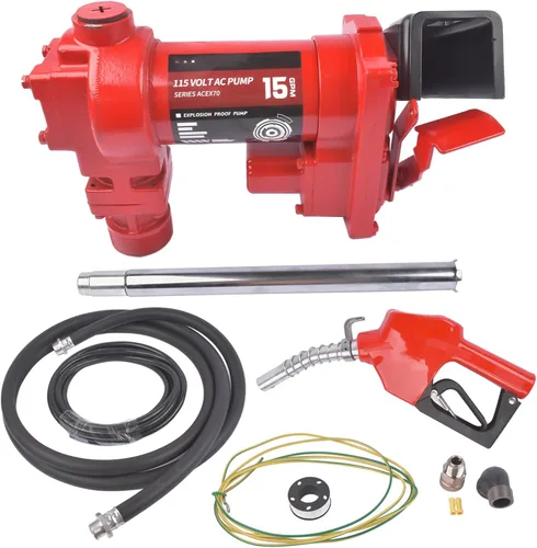 Vista 2 de Bomba de transferencia de combustible 115V 15 GPM con manguera de descarga + boquilla manual con protección contra sobrecarga térmica, para mezclas